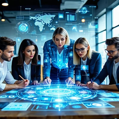 A professional team in a modern office gathered around a table with a holographic AI assistant projected in the centre showing charts tasks and icons related to workflow automation and GPT functionality-1 A professional team in a modern office gathered around a table with a holographic AI assistant projected in the centre showing charts tasks and icons related to workflow automation and GPT functionality-1