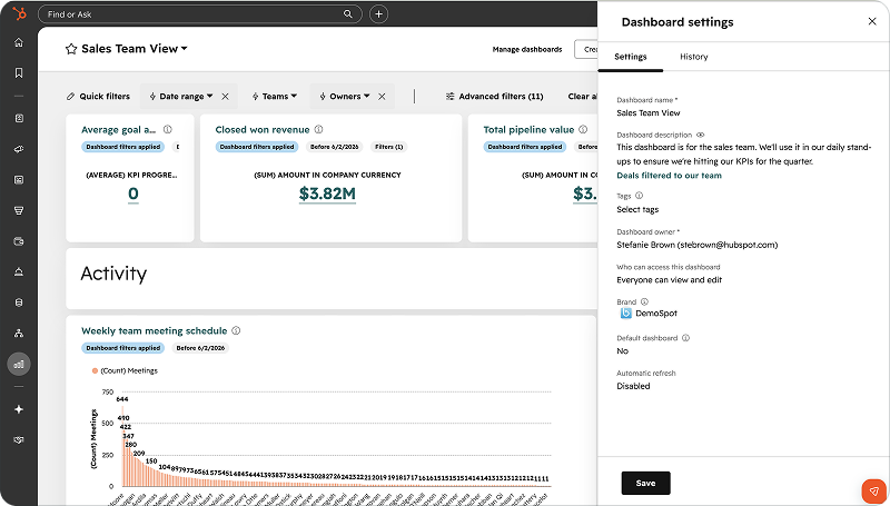 HubSpot consolidated dashboard settings panel update