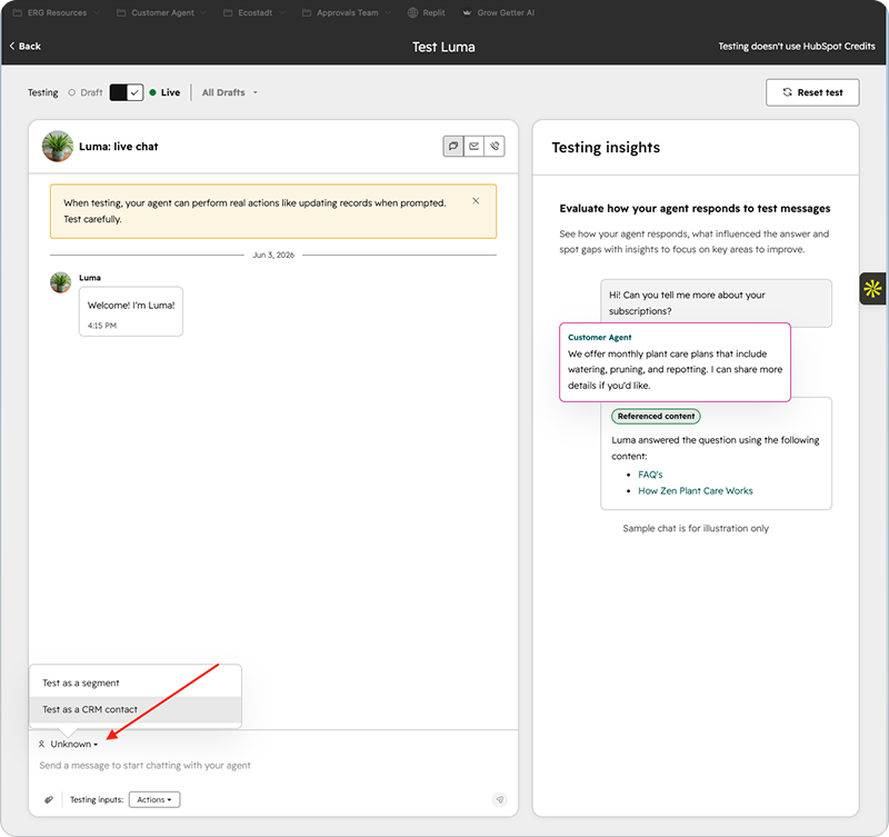 HubSpot Customer Agent multi-brand support and test as a contact update