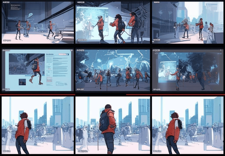 A storyboard with AIgenerated video frames, showing dynamic animations and engaging visuals-1 1