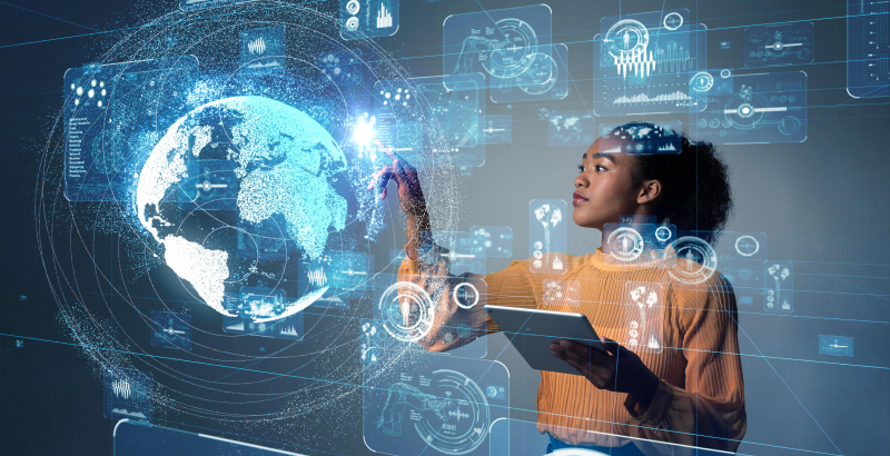 Tech-forward educational setting that resonates with the themes of digital transformation in education