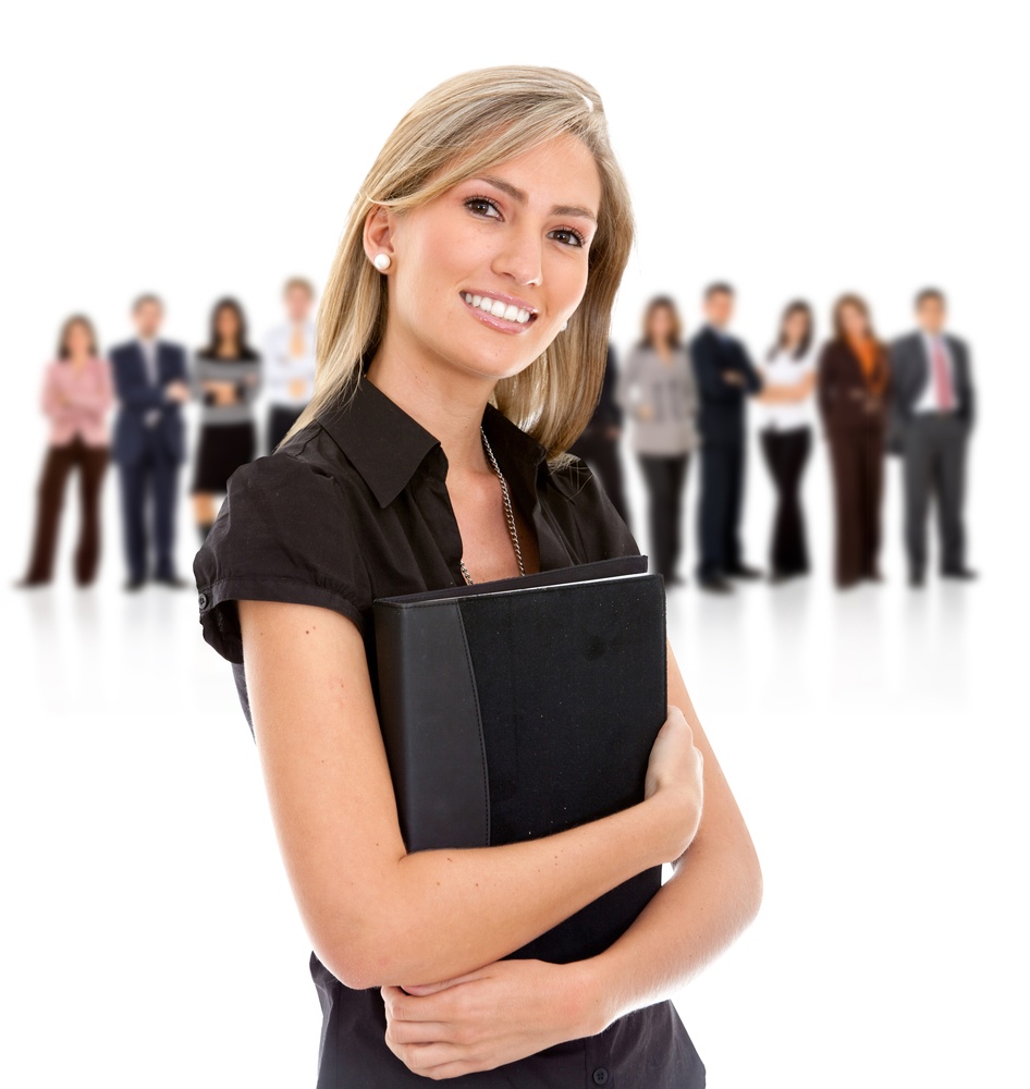 Businesswoman smiling holding a portfolio with her teamwork behind isolated on white