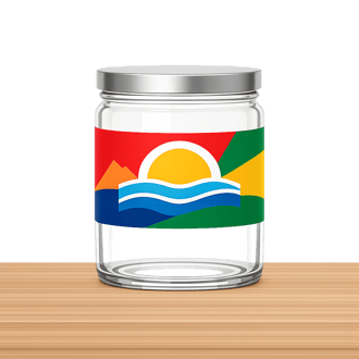 Custom-branded product label printed in bold colours applied to a clean glass jar on a timber surface