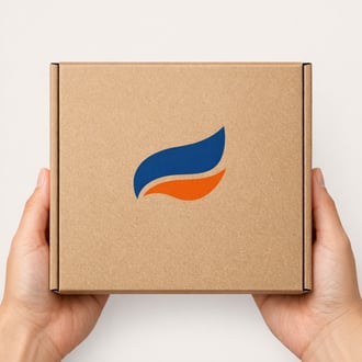 Custom-branded retail packaging box with logo printed cleanly on kraft cardboard held against a neutral background