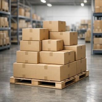 E-commerce parcel boxes sealed and stacked ready for dispatch in a tidy fulfilment centre setting