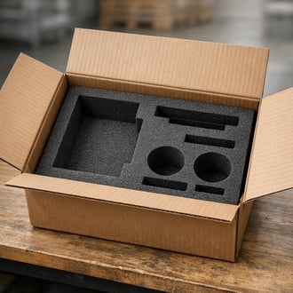 Foam protective inserts cut to shape sitting inside an open cardboard shipping box on a warehouse bench