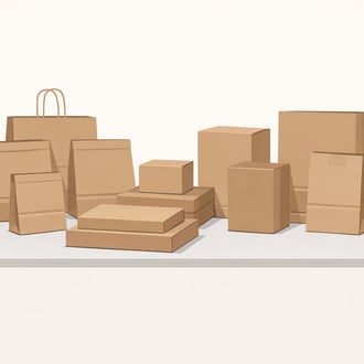 Wide shot of assorted food-grade paper bags and boxes arranged on a clean commercial kitchen counter