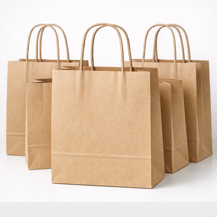 Close-up of kraft paper bags with twisted handles arranged upright on a white retail display surface