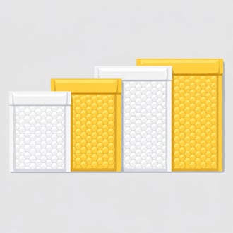 Padded bubble mailer envelopes in a row on a light grey background showing protective cushioning detail
