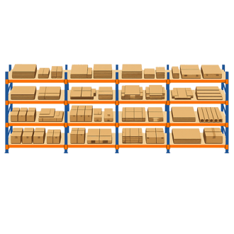 Overhead view of warehouse shelving stocked with uniform cardboard packaging materials in an organised storage facility