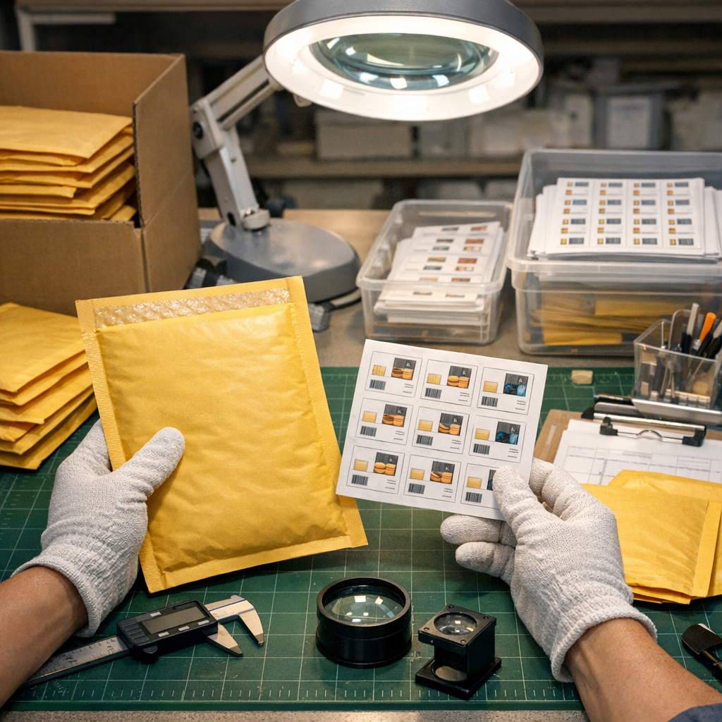 Quality Control Station Inspecting Padded Mailers