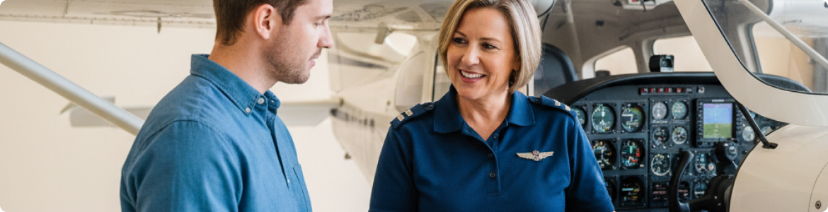 Southpac Aerospace flight instructor talking with a student beside a training aircraft cockpit Southpac Aerospace flight instructor talking with a student beside a training aircraft cockpit